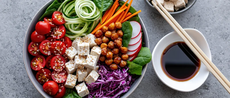 Overhead view of a vegan buddha bowl with tofu, chickpeas, vegetables and soy sauce on a gray countertop