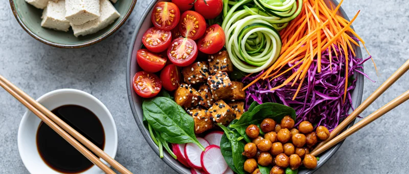 Overhead flat-lay of a vegan buddha bowl with tofu, vegetables, and chopsticks on a gray stone surface