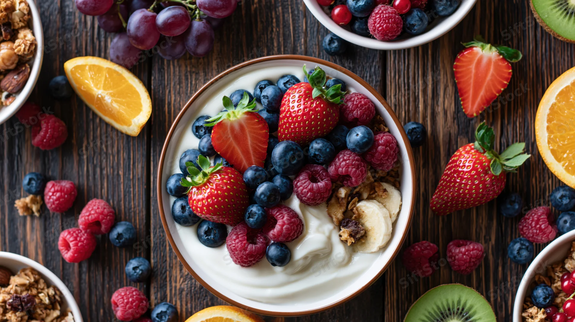 Overhead flat-lay of a yogurt and granola bowl topped with fresh berries and fruit on a wooden table