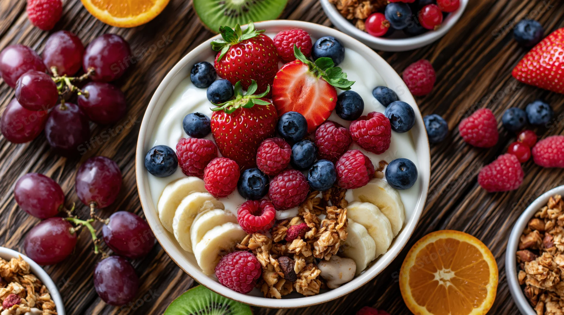 Yogurt and granola bowl topped with mixed berries and banana slices on wooden surface