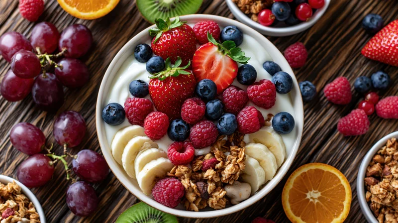 Yogurt and granola bowl topped with mixed berries and banana slices on wooden surface