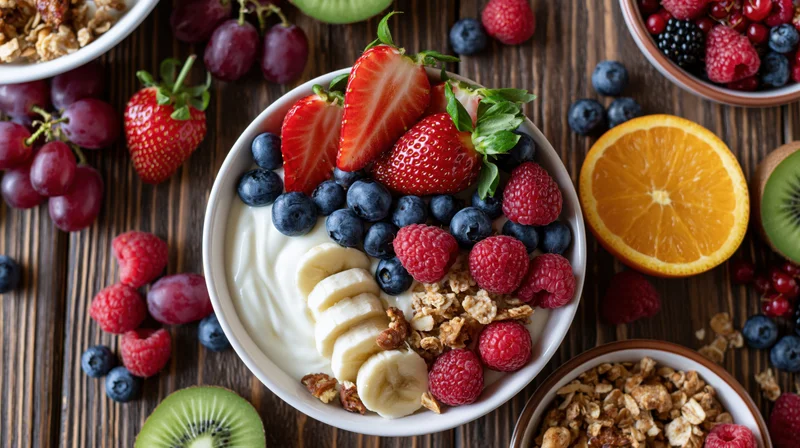 Yogurt and granola bowl topped with fresh fruit arranged on wooden table