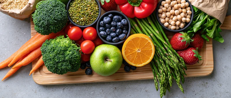 Fresh vegetables fruits and grains arranged on a wooden cutting board on a countertop