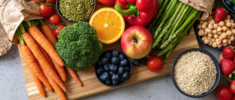Overhead flat-lay of fresh vegetables fruits and grains on a bamboo cutting board