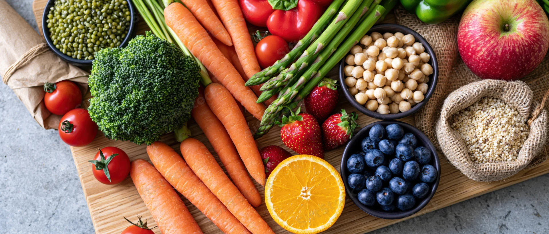 Overhead flat-lay of fresh vegetables fruits and grains arranged on a wooden cutting board