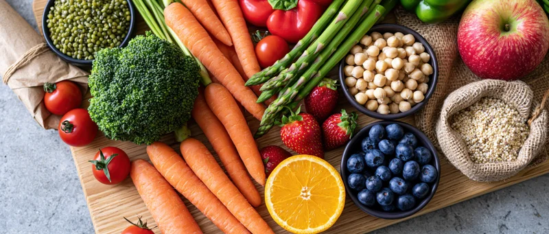Overhead flat-lay of fresh vegetables fruits and grains arranged on a wooden cutting board