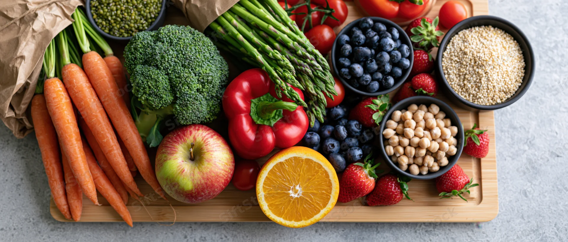 Overhead flat-lay of fresh vegetables fruits and grains on a wooden cutting board