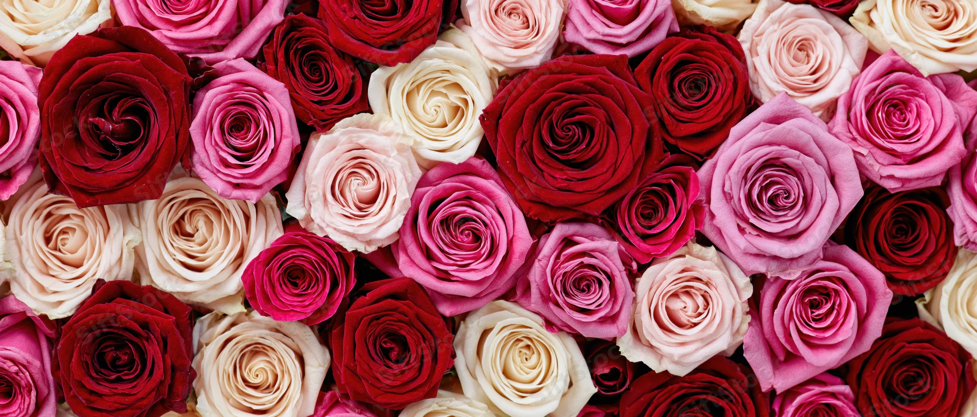 Overhead flat-lay of densely packed roses in shades of pink, red and cream filling the frame
