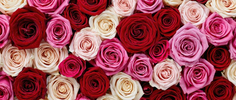 Overhead flat-lay of densely packed roses in shades of pink, red and cream filling the frame