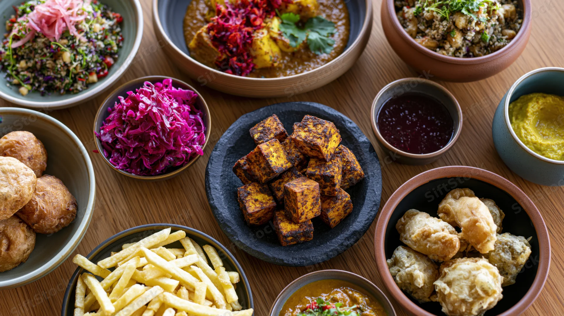 Overhead flat-lay of multiple Indian vegetarian dishes arranged on a wooden table
