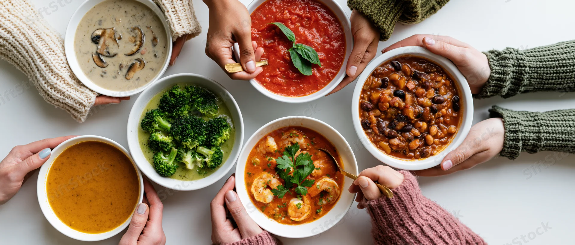 Hands holding bowls of various soups and stews arranged on a white table from above