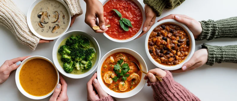Hands holding bowls of various soups and stews arranged on a white table from above