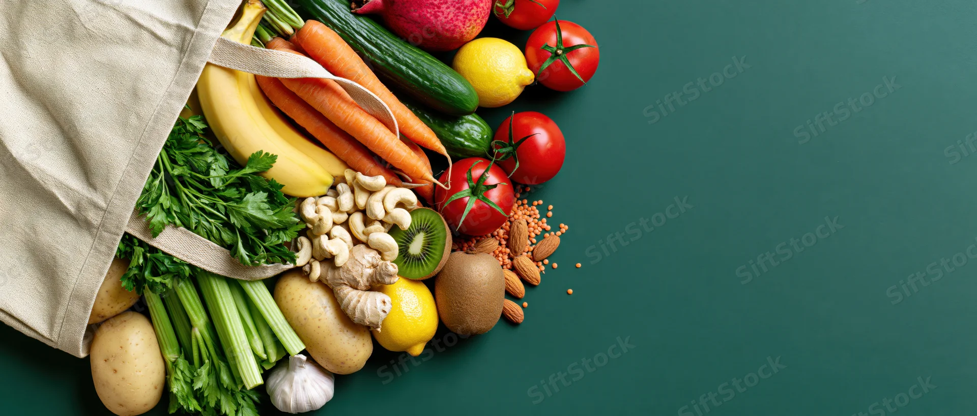 Cream canvas tote bag spilling fresh vegetables and fruits on green surface