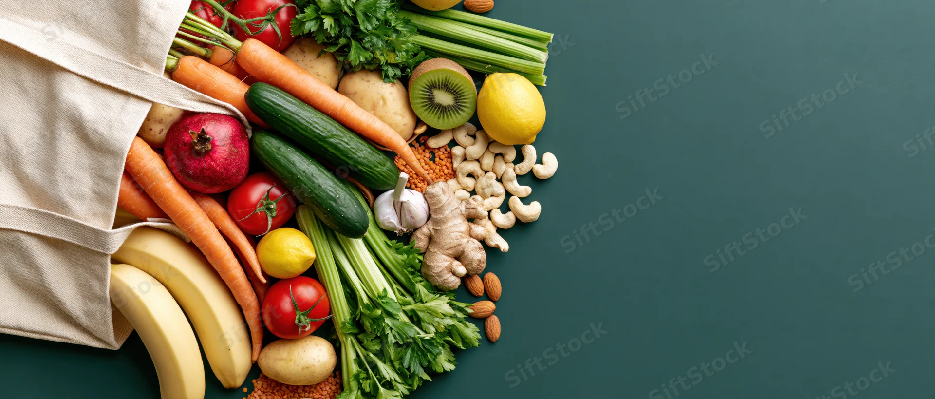 Cream canvas tote bag spilling fresh vegetables and fruits on green surface