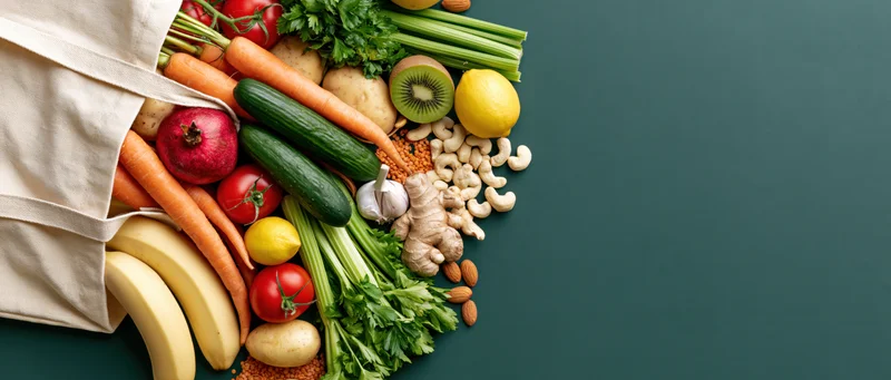 Cream canvas tote bag spilling fresh vegetables and fruits on green surface