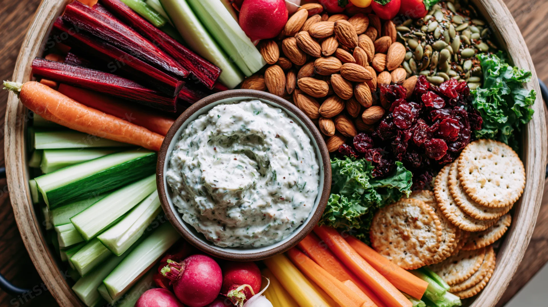 Overhead flat lay of a snack board with vegetables, nuts, crackers and dip arranged on a wooden platter