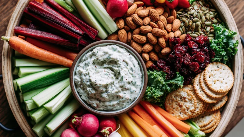 Overhead flat lay of a snack board with vegetables, nuts, crackers and dip arranged on a wooden platter