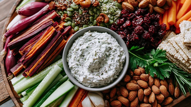 Overhead view of a snack board with vegetables, dip, nuts, and crackers arranged on a wooden platter
