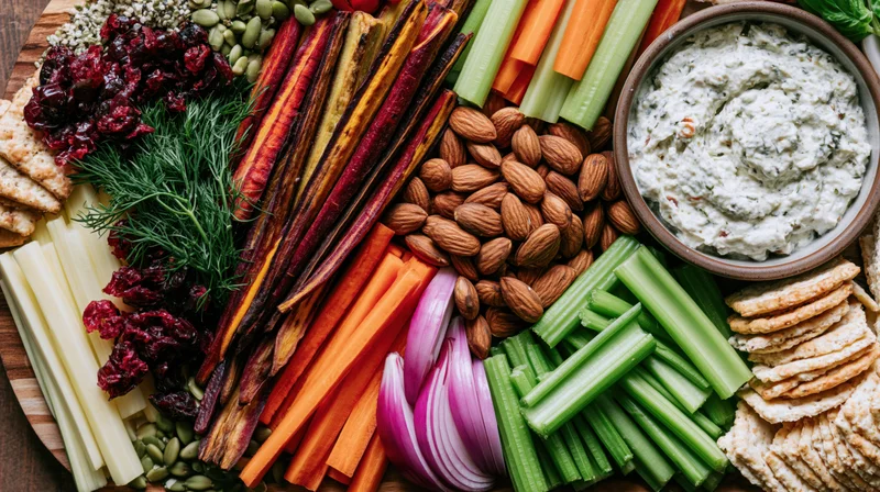 Overhead flat lay of a dense snack board filled with raw vegetables, nuts, cheese, crackers and dip arranged on a wooden board