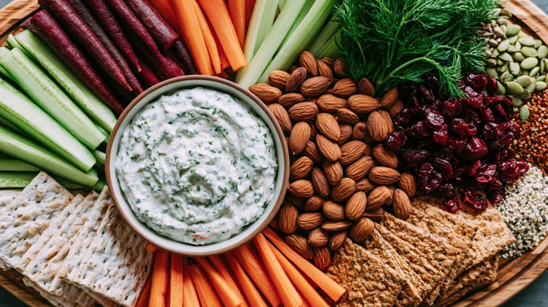 Overhead flat lay of a snack board with vegetables, nuts, seeds, crackers and dip arranged on a wooden platter