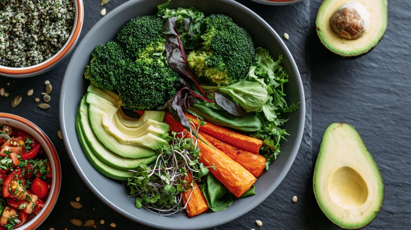 Overhead flat lay of a grey ceramic bowl filled with sliced avocado, broccoli, carrots, greens, and microgreens on a dark slate surface with side bowls of quinoa and tomato salad