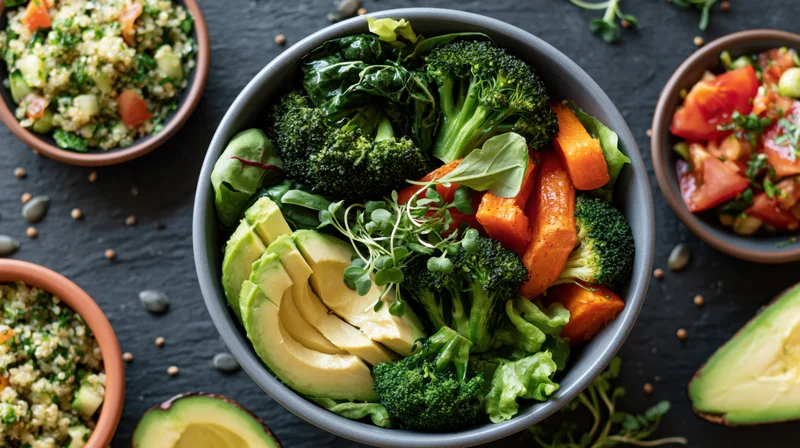 Overhead flat lay of a grey ceramic bowl filled with broccoli, avocado, sweet potato, and microgreens on a dark slate surface surrounded by small bowls of quinoa salad and tomato salsa