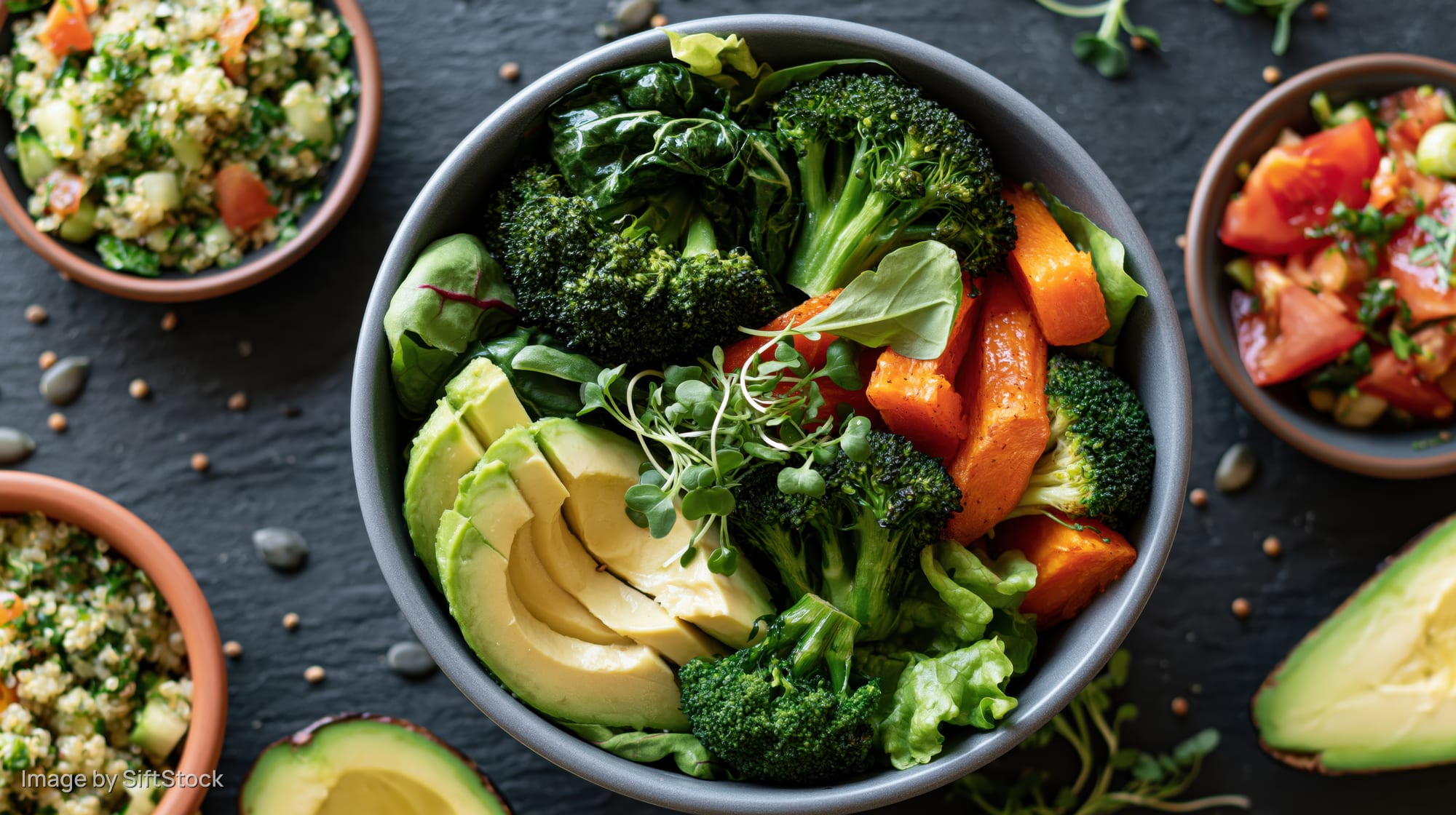 Overhead flat lay of a grey ceramic bowl filled with broccoli, avocado, sweet potato, and microgreens on a dark slate surface surrounded by small bowls of quinoa salad and tomato salsa