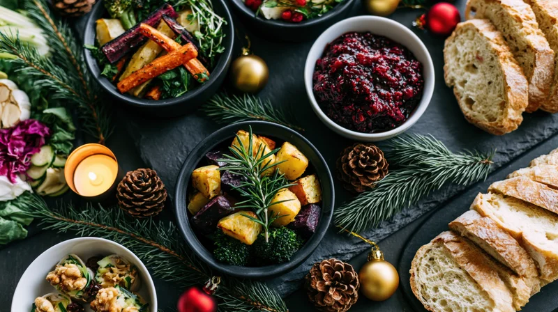 Holiday feast spread with roasted vegetables, cranberry sauce, bread, and pine decorations on dark slate surface