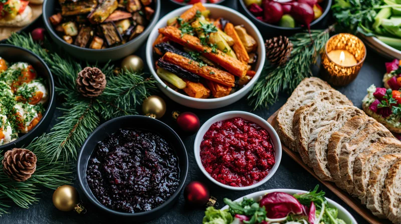 Holiday feast spread with roasted vegetables, bread, jams and pine decorations on dark slate surface