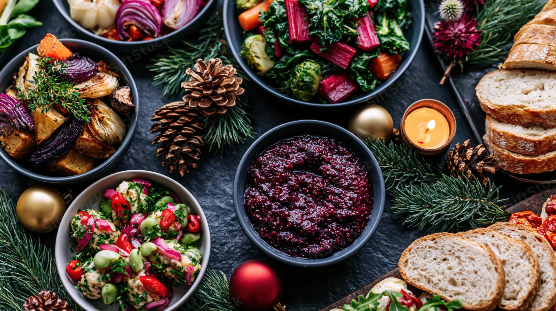 Holiday feast spread with roasted vegetables, cranberry sauce, bread and pine decorations on dark slate surface