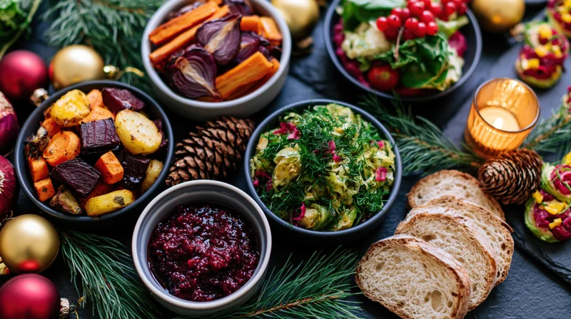 Holiday feast spread with vegetables, bread, and cranberry sauce on dark slate table with pine and ornaments