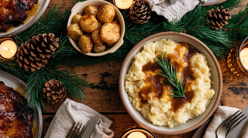 Overhead flat lay of a rustic christmas dinner spread with mashed potatoes, roasted potatoes, pinecones, and candles on a wooden table