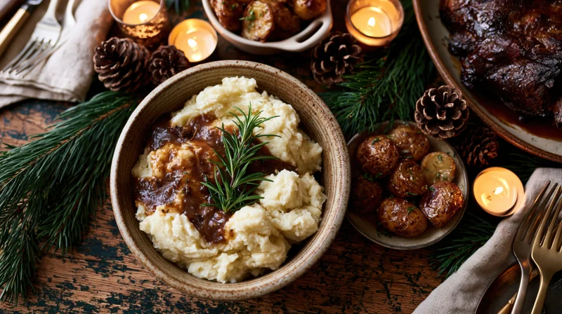 Overhead view of a rustic christmas dinner spread with mashed potatoes, gravy, roast meat, and pine decorations on a wooden table