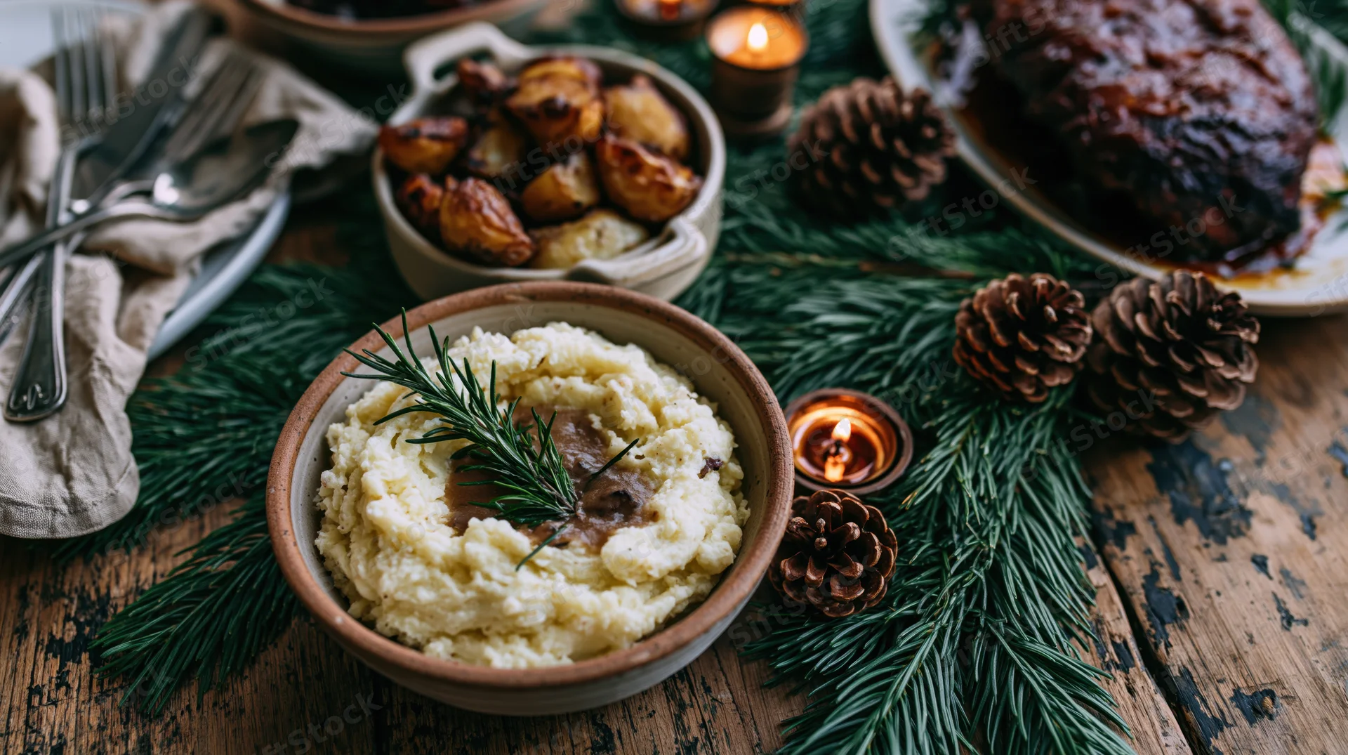 Rustic christmas dinner spread with mashed potatoes, roast, pinecones and candles on wooden table
