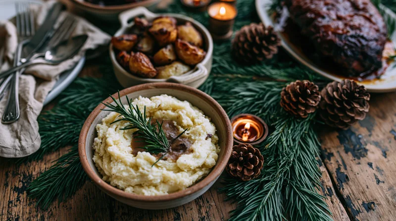 Rustic christmas dinner spread with mashed potatoes, roast, pinecones and candles on wooden table