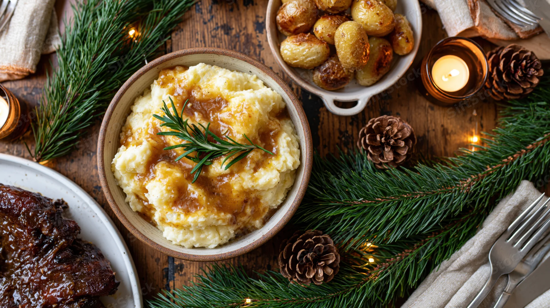 Overhead flat lay of a rustic christmas dinner spread with mashed potatoes, gravy, roasted potatoes, pine branches, pinecones, and candles on a wooden table