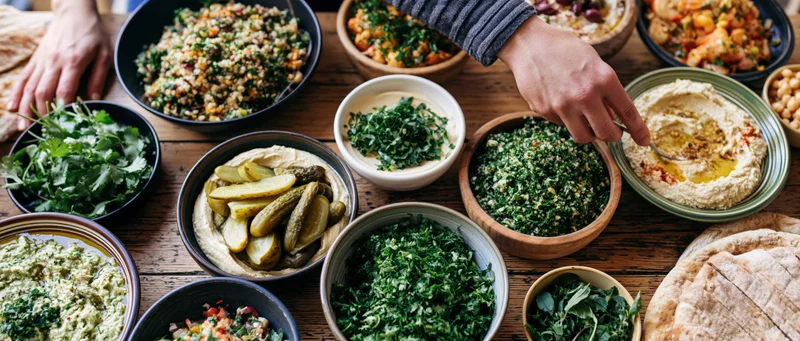 Mezze spread on rustic wooden table with hands reaching for hummus and tabbouleh