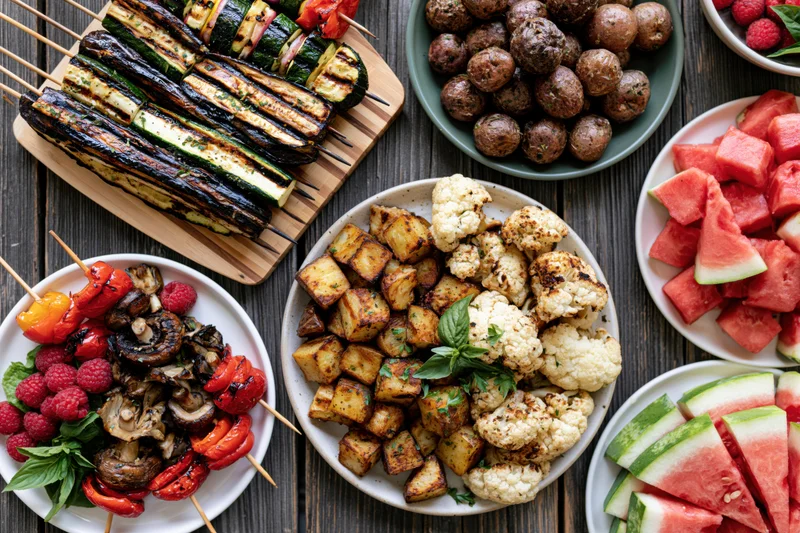 Overhead view of a summer barbecue spread with grilled vegetables, skewers, potatoes, cauliflower, watermelon and raspberries on a dark wooden table