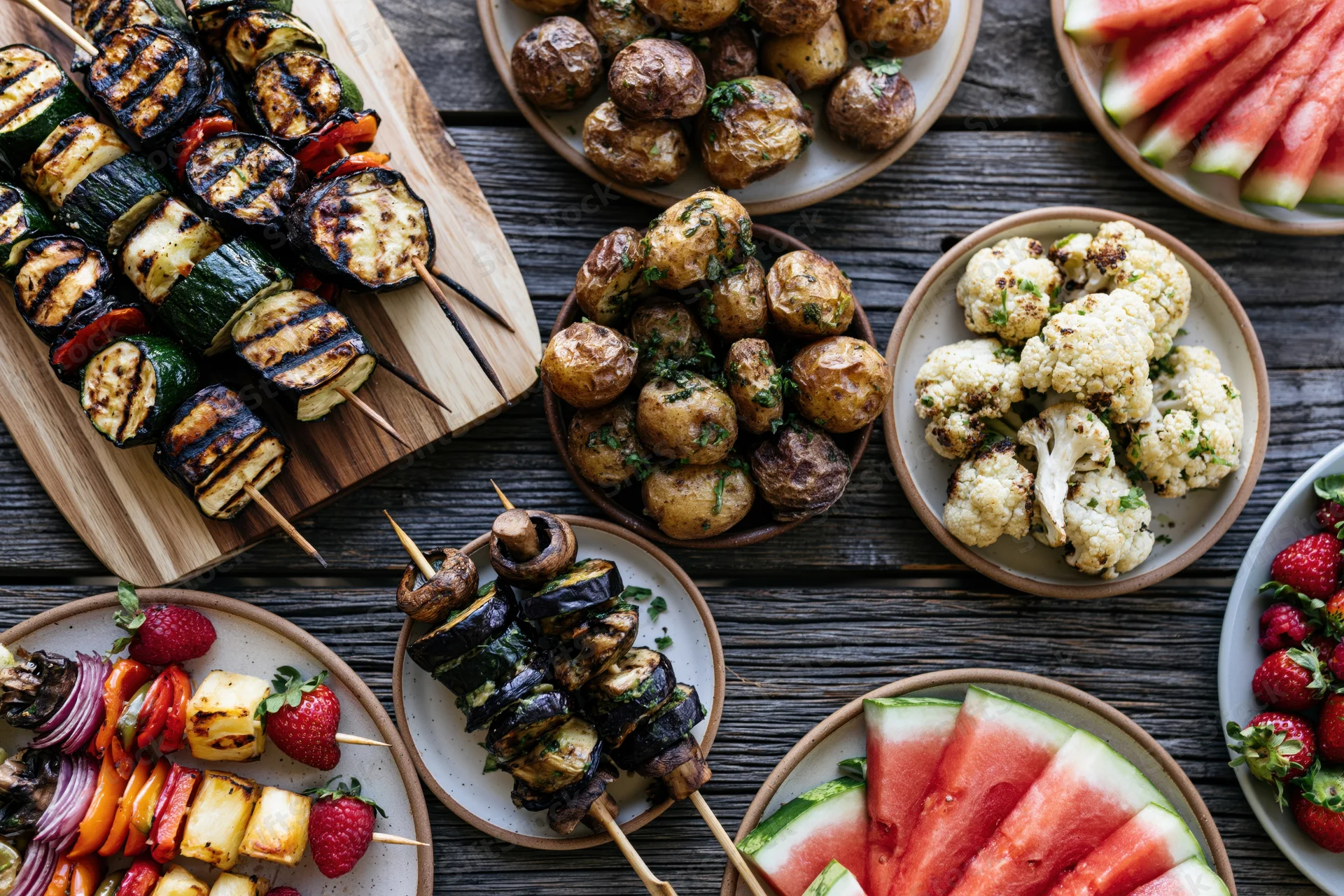 Overhead view of grilled vegetable skewers and side dishes arranged on a dark wooden table for a summer barbecue