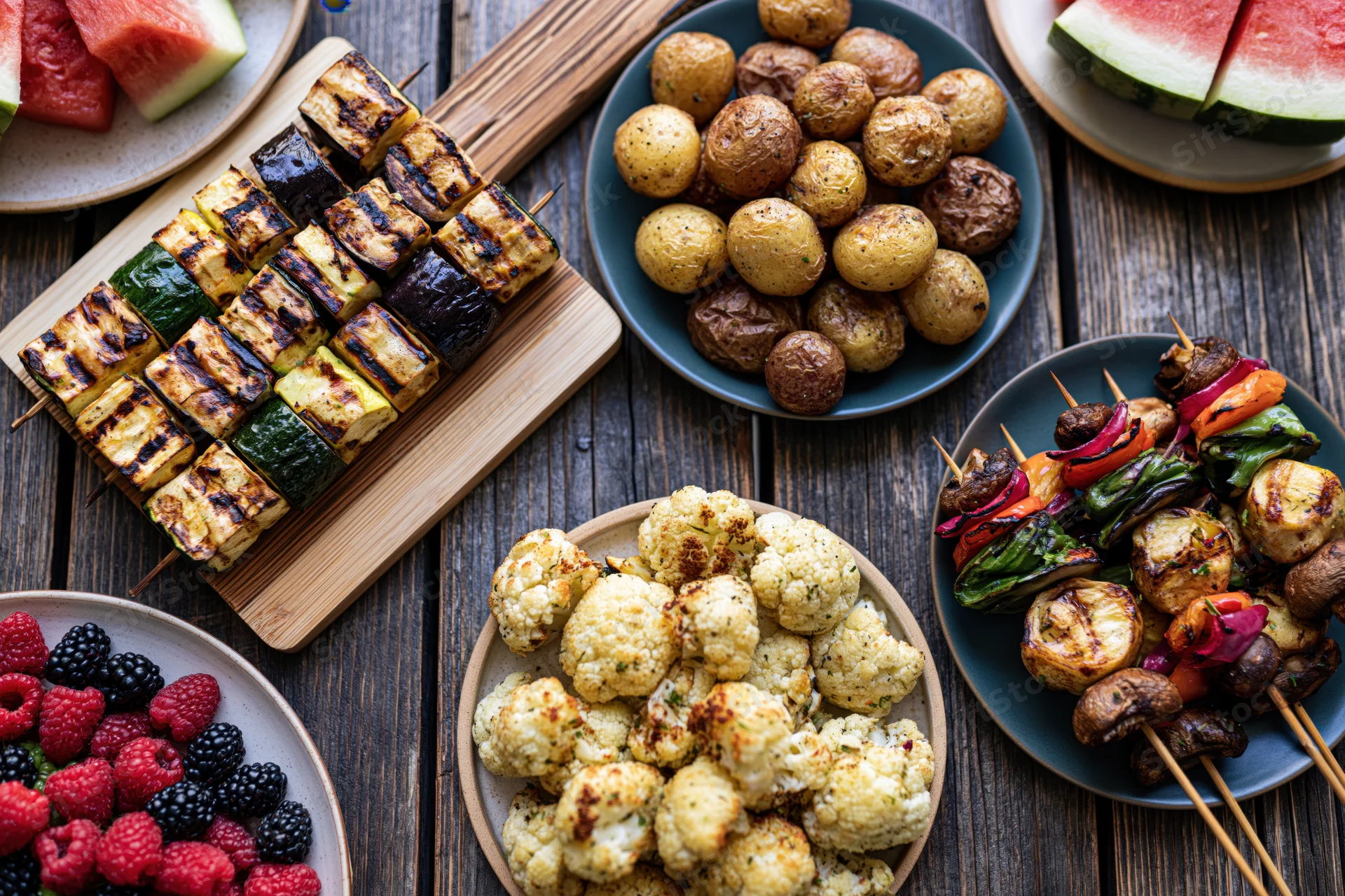 Overhead view of a summer barbecue spread with grilled vegetables, skewers, potatoes, cauliflower, watermelon and berries on a dark wooden table