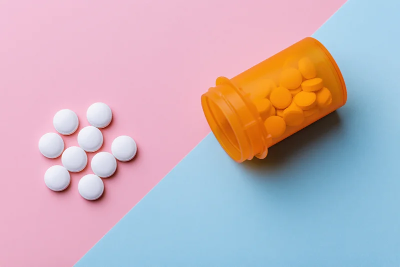 Open orange prescription bottle with white pills spilled on pink and blue surface
