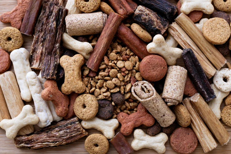 Overhead flat lay of assorted dog treats and pet snacks densely arranged on wooden surface