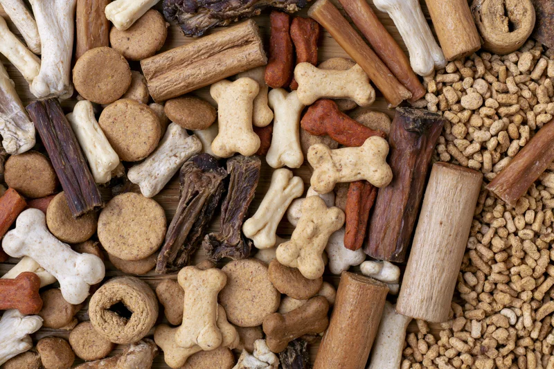 Overhead flat lay of assorted dog treats and pet snacks densely arranged on wooden surface