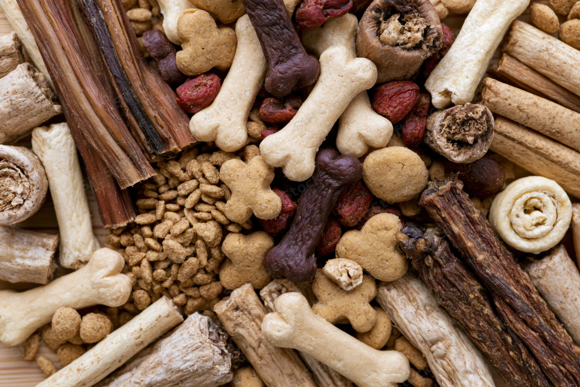 Overhead flat lay of assorted dog treats and pet snacks densely arranged on a wooden surface