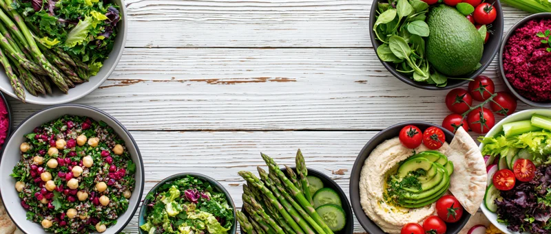 Overhead flat lay of assorted healthy vegetarian dishes and salads arranged on a white wooden table with copyspace in center