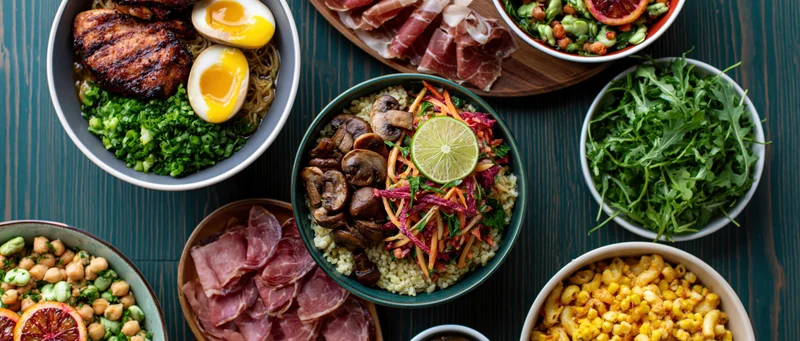 Overhead flat lay of assorted dishes including bowls of rice, salad, eggs, pork, ham, corn, chickpeas, and arugula on a dark wooden table