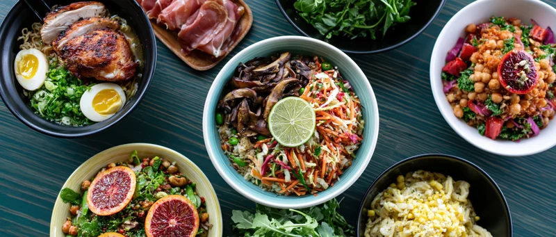 Overhead flat lay of assorted bowls with rice, salad, chicken, eggs, mushrooms, blood oranges, chickpeas, and greens on a dark wooden table