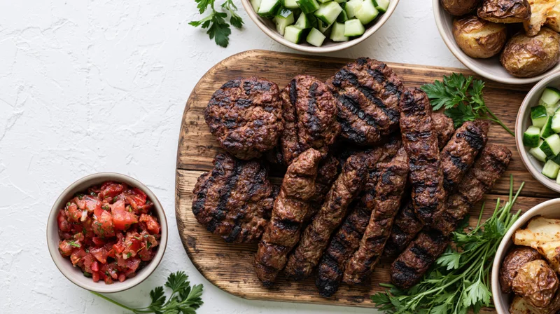Grilled meat patties and kebabs on a wooden cutting board with side dishes arranged overhead