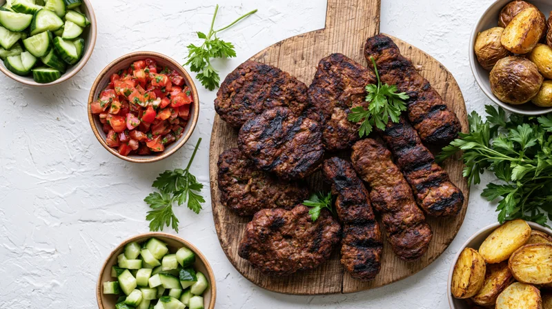Grilled meat patties and kebabs arranged on a wooden cutting board with side dishes of salsa, cucumber, and roasted potatoes