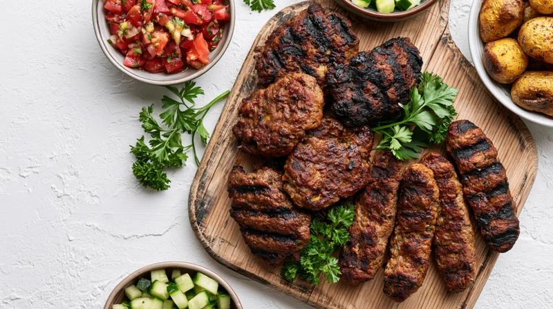 Grilled meat patties and sausages arranged on a wooden cutting board with fresh vegetables and herbs, overhead flat lay on white surface